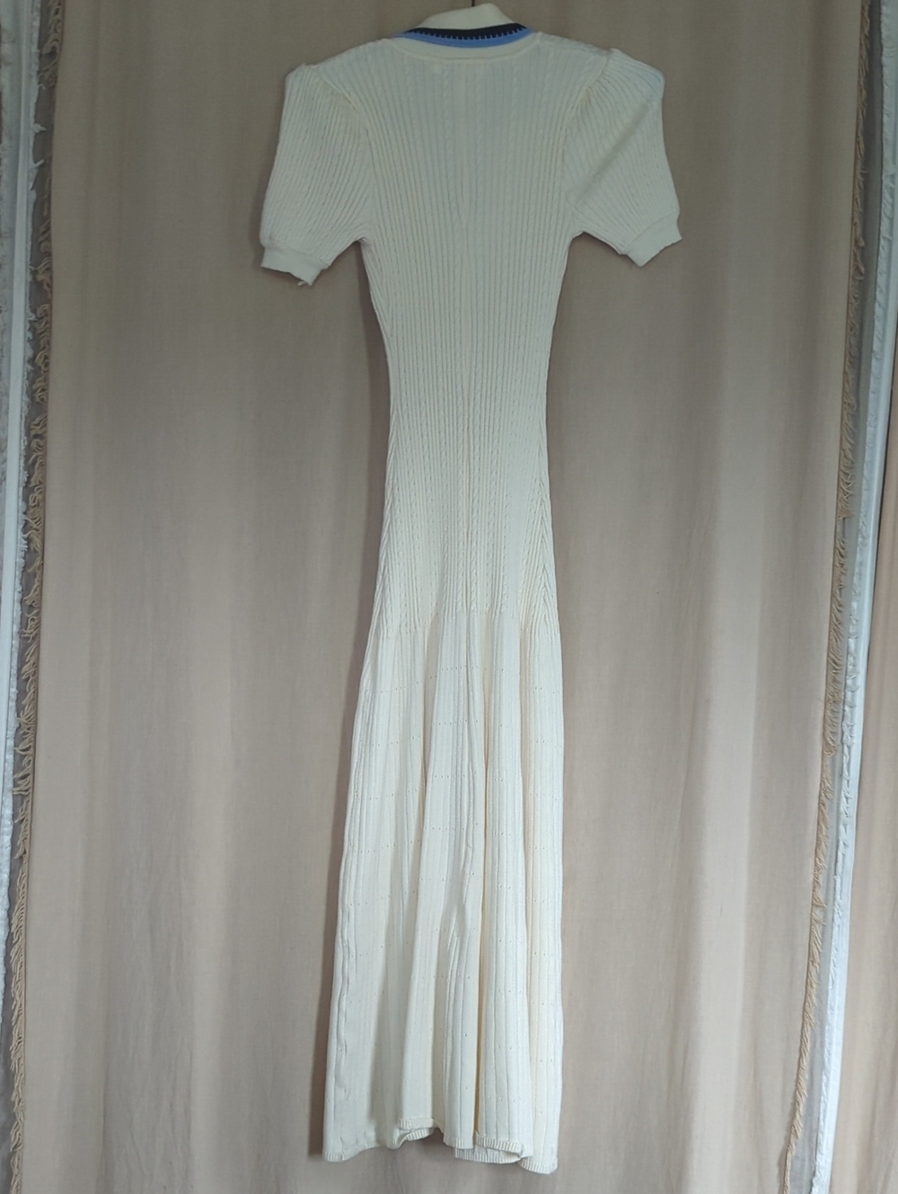 Sandro Florine Knit Midi Dress Cream Beige Button-Down Polo Navy Blue Trim Maxi - Picture 3 of 8